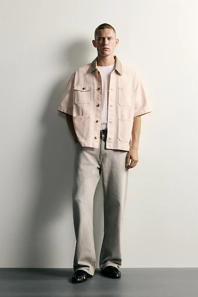CONTRAST COLLAR SHORT SLEEVE OVERSHIRT