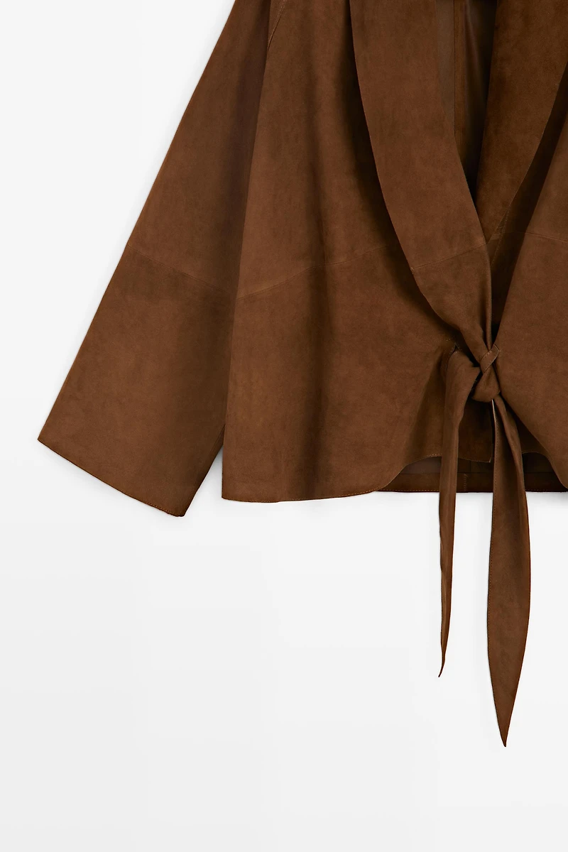 Suede leather wrap kimono