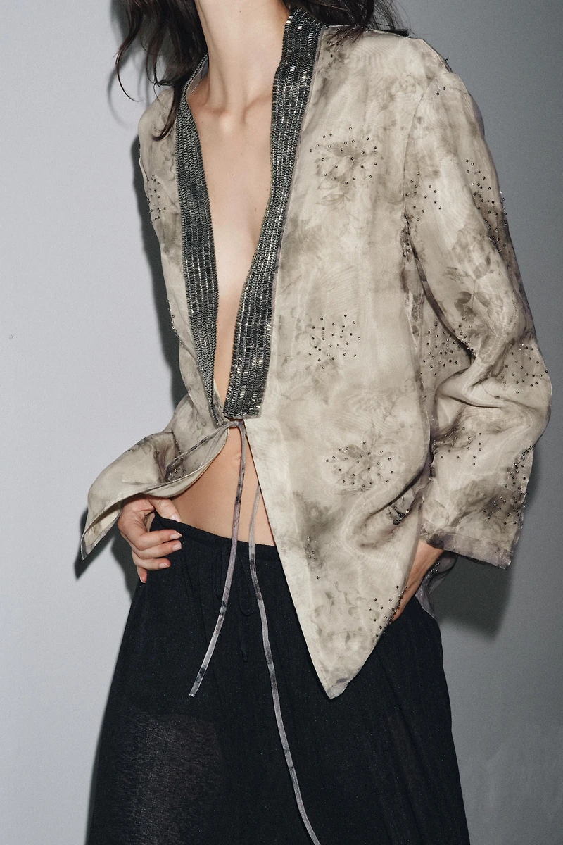 BEADED PRINT ORGANZA KIMONO