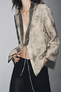 BEADED PRINT ORGANZA KIMONO