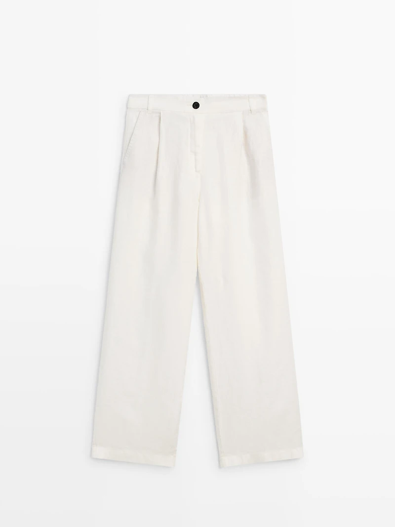 100% linen wide-leg elasticated trousers