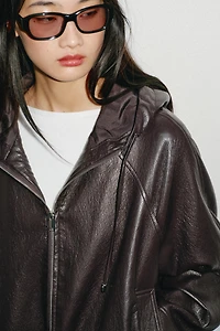 HOODED FAUX LEATHER JACKET