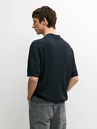 Short sleeve knit polo shirt with cable-knit detail