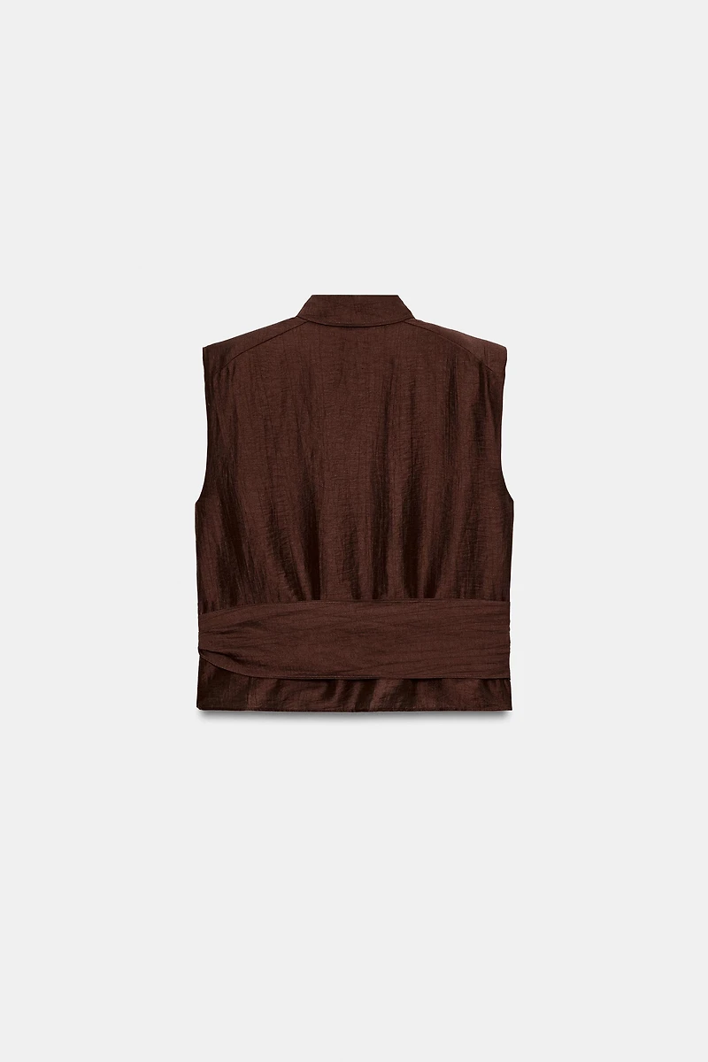 LINEN BELTED SHOULDER PAD TOP