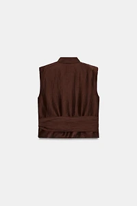 LINEN BELTED SHOULDER PAD TOP