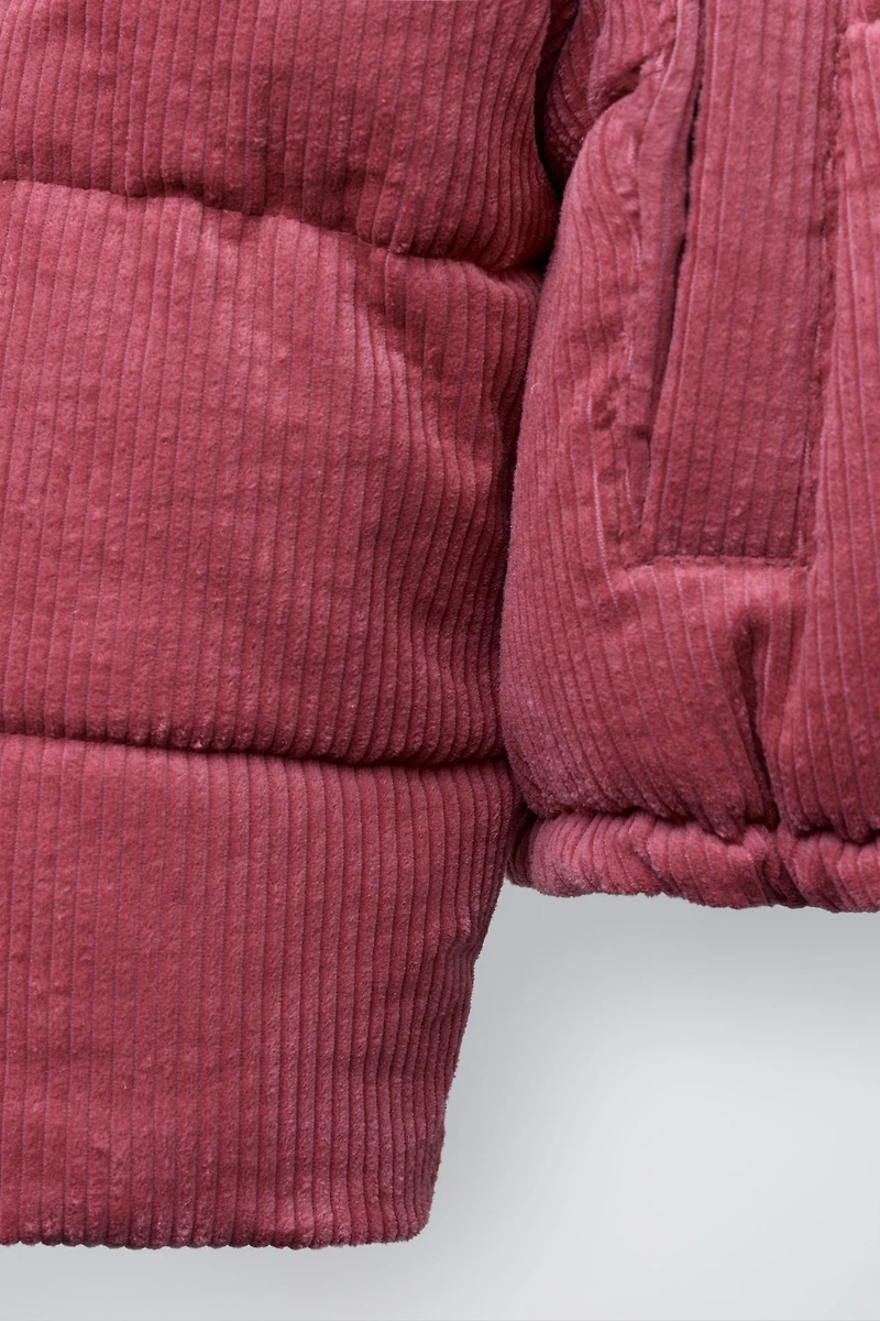 EMBROIDERED TEXT CORDUROY PUFFER JACKET