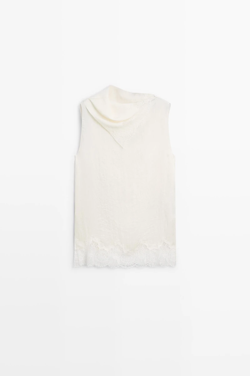 Asymmetric roll neck top with lace detail