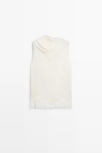 Asymmetric roll neck top with lace detail
