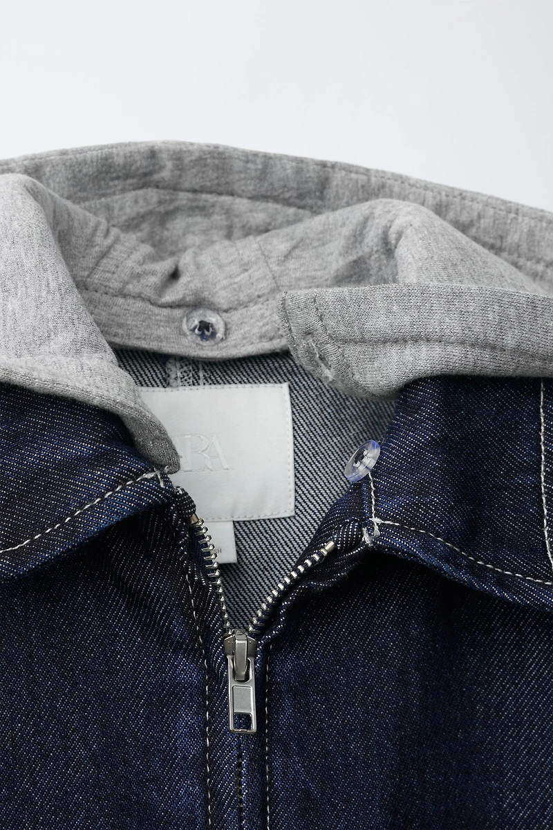 DENIM OVERSHIRT WITH DETACHABLE FLEECE HOOD