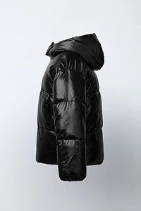 SHINY HOODED PUFFER JACKET WITH FAUX FUR LINING