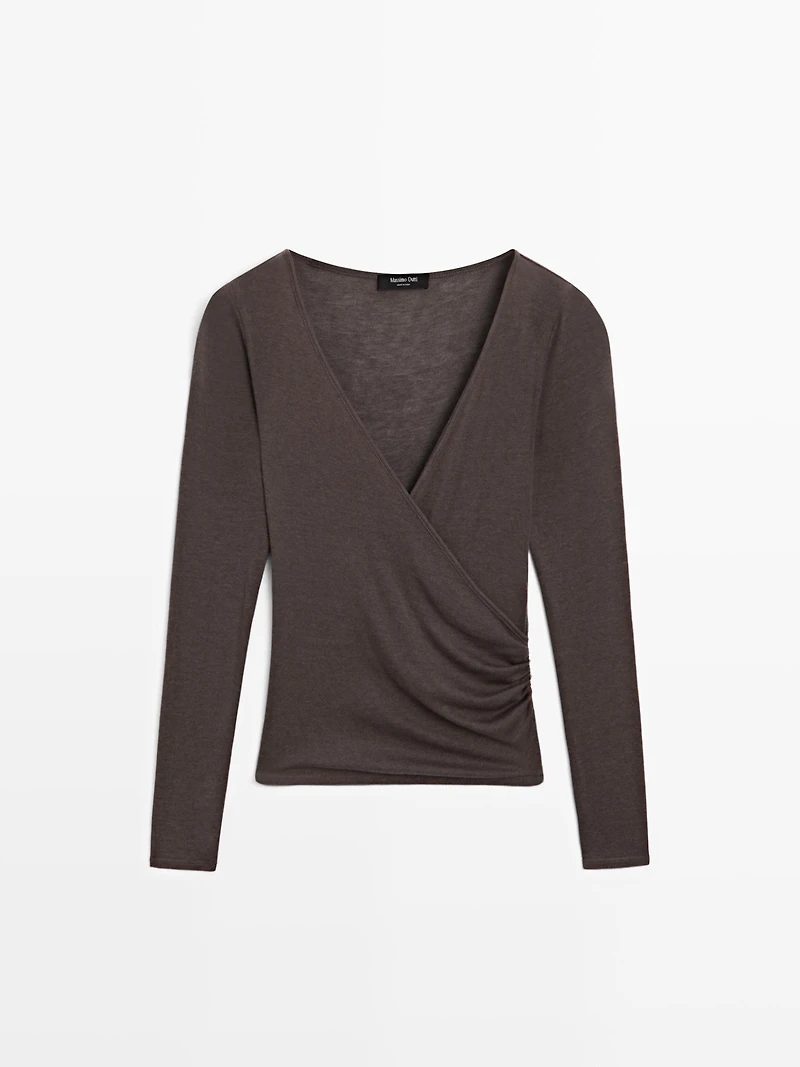 Lyocell and wool top with surplice neckline
