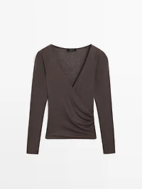 Lyocell and wool top with surplice neckline