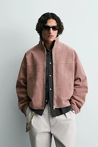 BLOUSON CROPPED FIT EN CUIR DAIM