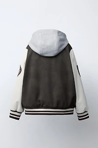 HOODIE BOMBER JACKET WITH FAUX LEATHER SLEEVES