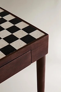 TEAK SIDE TABLE WITH MARBLE CHESS TOP