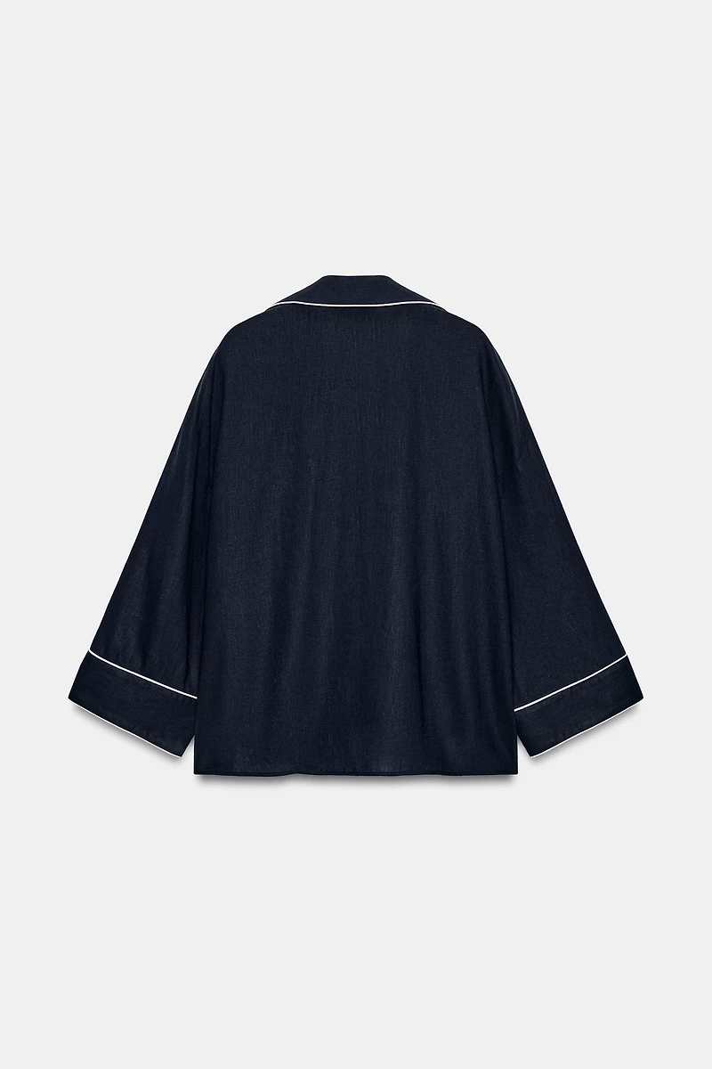 LINEN BLEND SHIRT WITH CONTRAST PIPING