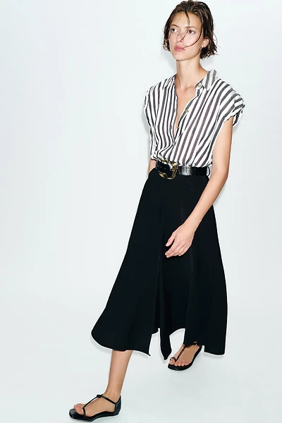 COMBINED STRIPED BELTED MIDI DRESS