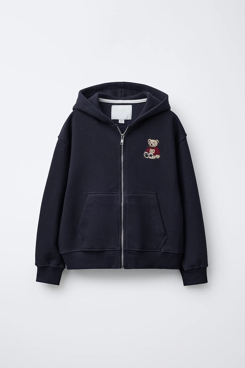 EMBROIDERED BEAR ZIP SWEATSHIRT