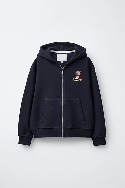 EMBROIDERED BEAR ZIP SWEATSHIRT