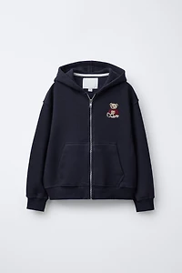 EMBROIDERED BEAR ZIP SWEATSHIRT