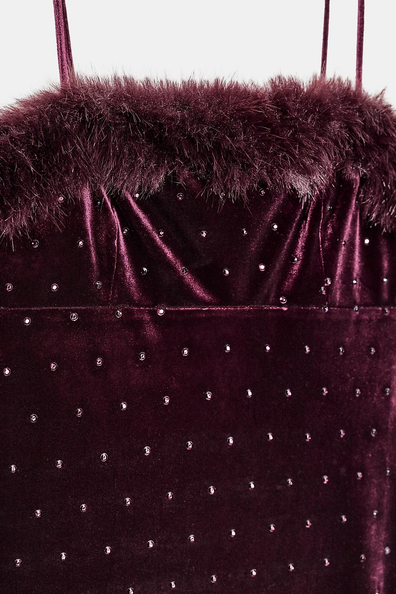 VELVET BEADED FAUX FUR MIDI DRESS