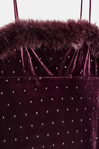 VELVET BEADED FAUX FUR MIDI DRESS