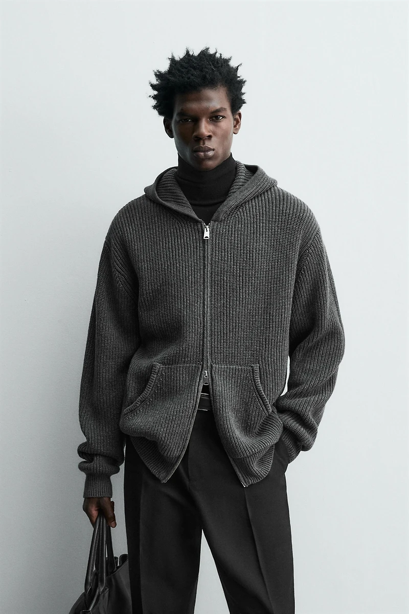 COTTON - WOOL PURL KNIT HOODIE CARDIGAN