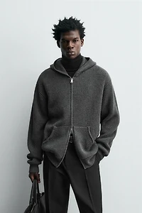 COTTON - WOOL PURL KNIT HOODIE CARDIGAN