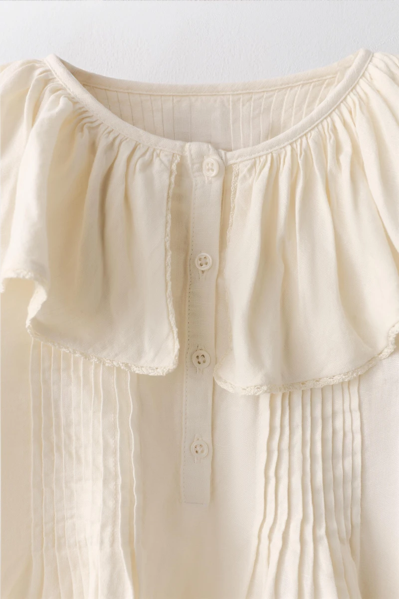 6-10 YEARS/ PLEATED LACE TRIM COTTON LINEN BLOUSE LIMITED EDITION