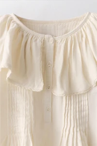 6-10 YEARS/ PLEATED LACE TRIM COTTON LINEN BLOUSE LIMITED EDITION