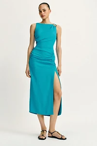 GOLD APPLIQUE DRAPED MIDI DRESS