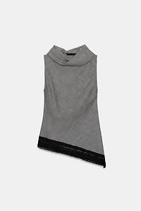 ASYMMETRIC HEM HOUNDSTOOTH LACE TOP