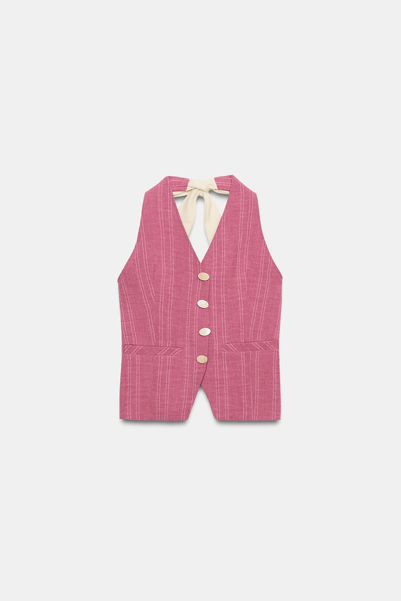GILET HALTER À RAYURES ET LAÇAGES