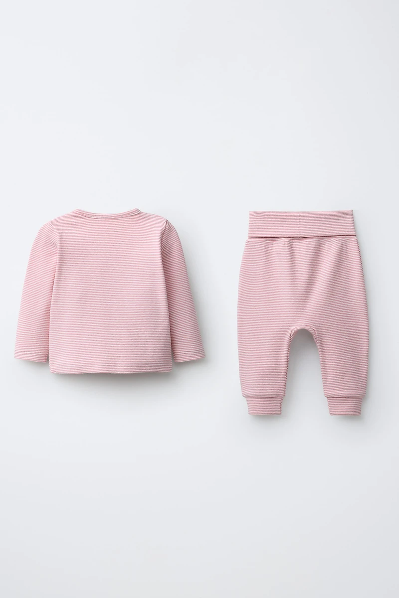 EMBROIDERED BUNNY STRIPED SARAOUL SHIRT AND PANTS SET