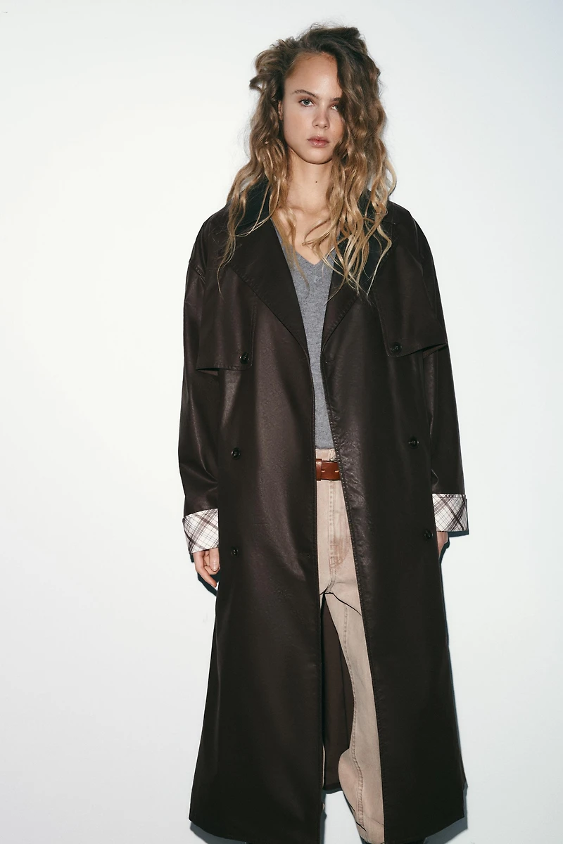 LONG WAXED PLAID TRENCH COAT