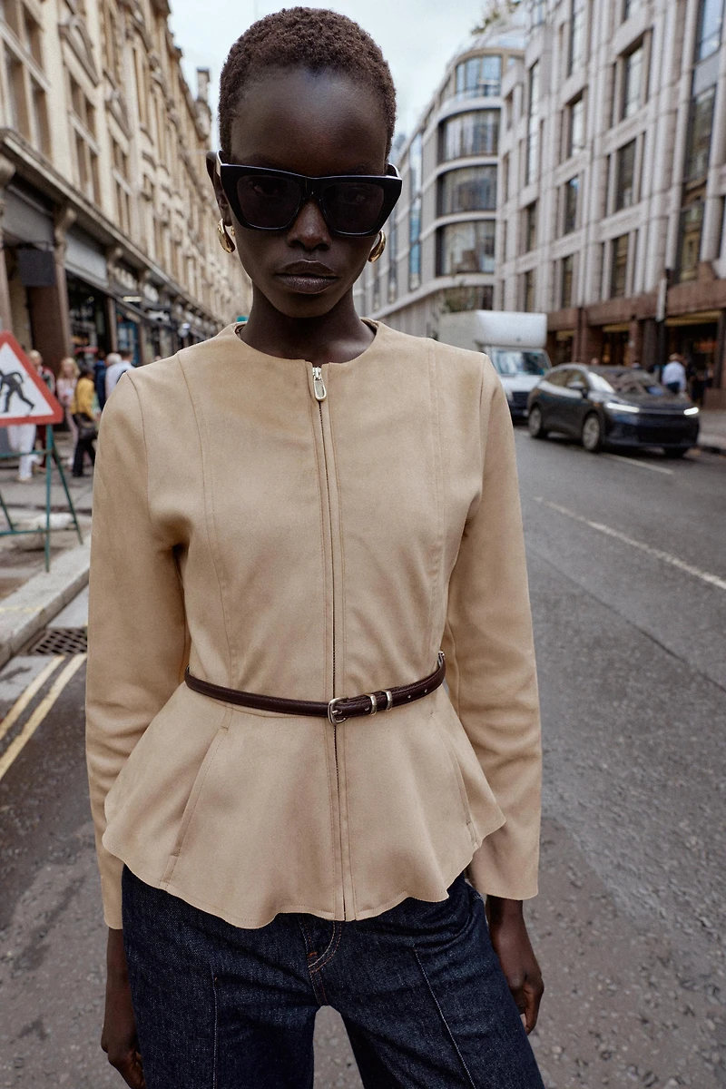 FAUX SUEDE BELTED PEPLUM JACKET