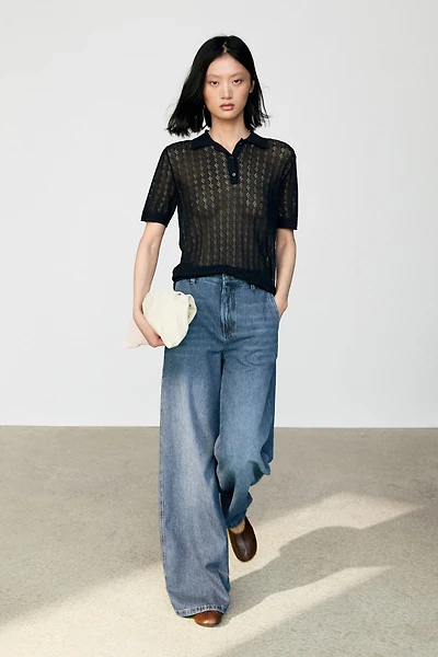 Open-knit polo sweater