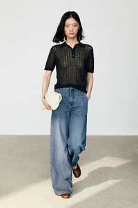 Open-knit polo sweater