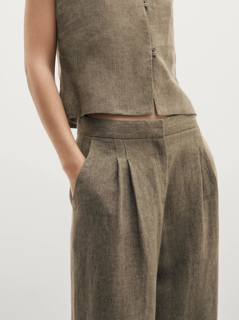 100% linen wide-leg trousers with darts