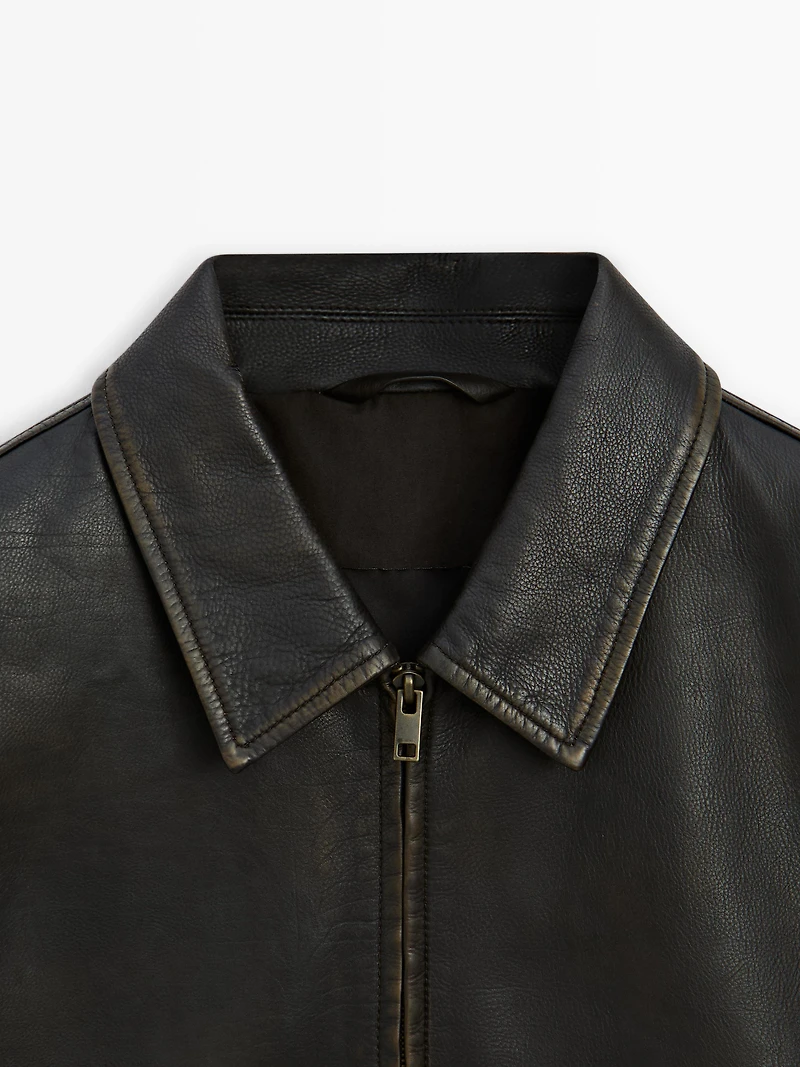 Distressed effect short nappa leather jacket