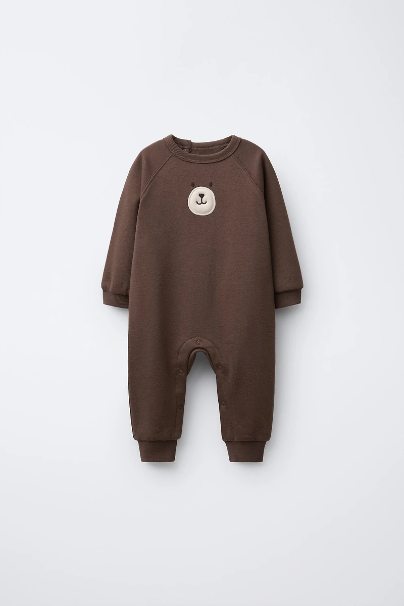 EMBROIDERED BEAR PLUSH JUMPSUIT