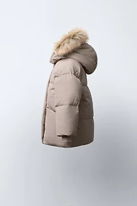 WATER-REPELLENT FEATHER DOWN PUFFER COAT WITH REMOVABLE FAUX FUR HOODIE