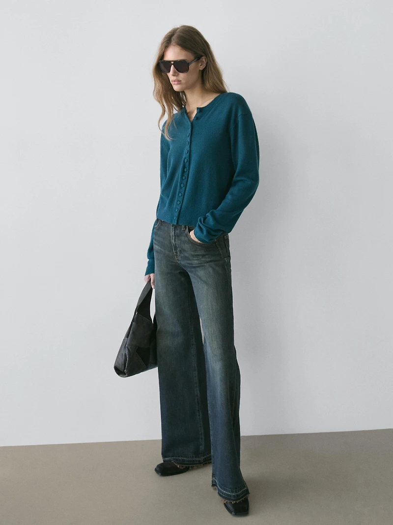 100% wool knit cardigan with covered buttons