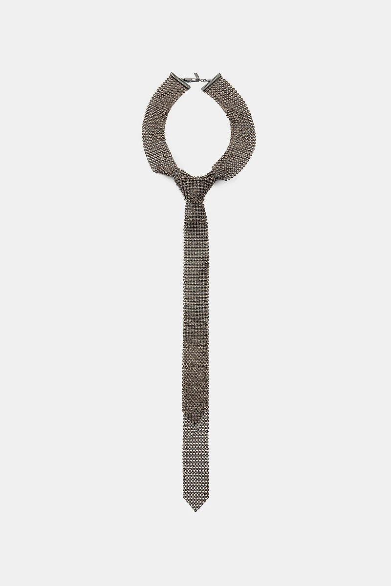 METALLIC RHINESTONE TIE NECKLACE