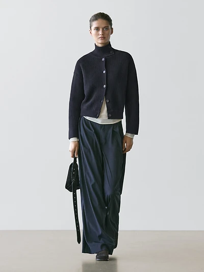 Cotton high neck knit cardigan