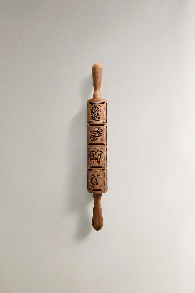 ACACIA WOOD ROLLING PIN WITH RAISED CHRISTMAS DESIGN