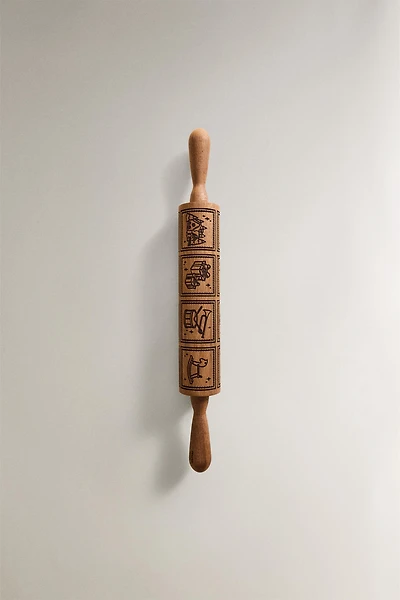 ACACIA WOOD ROLLING PIN WITH RAISED CHRISTMAS DESIGN