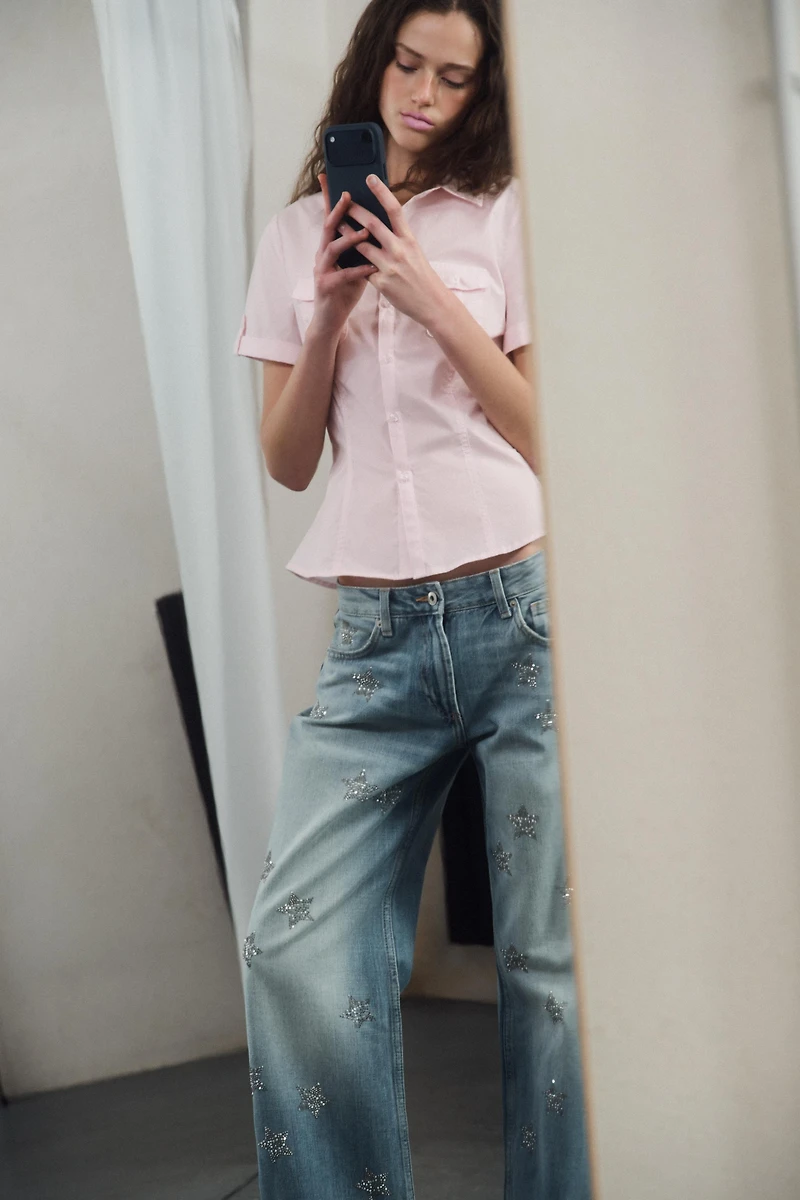 JEAN TRF WIDE LEG STRASS TAILLE BASSE