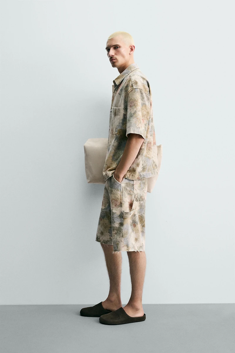 WASHED FLORAL PRINT RELAXED FIT SHORTS