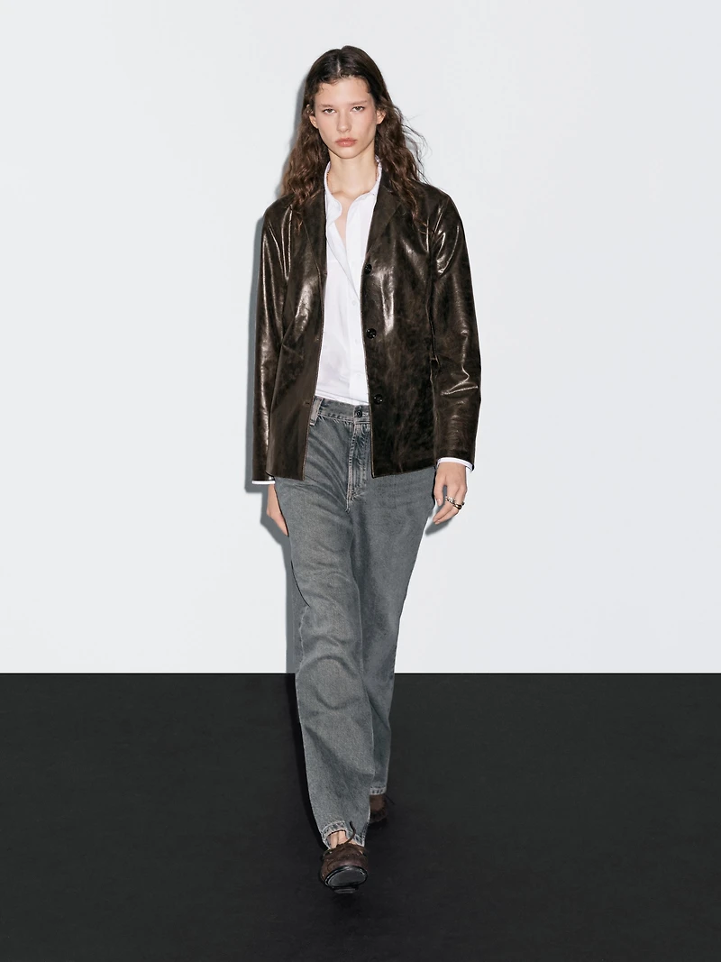 Nappa leather blazer with distressed finish